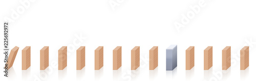 Resisting strong and heavy iron domino piece is blocking the chain reaction. Symbol for blockade, standstill, halt and downtime or for firmness, strength, resistance and protection.
