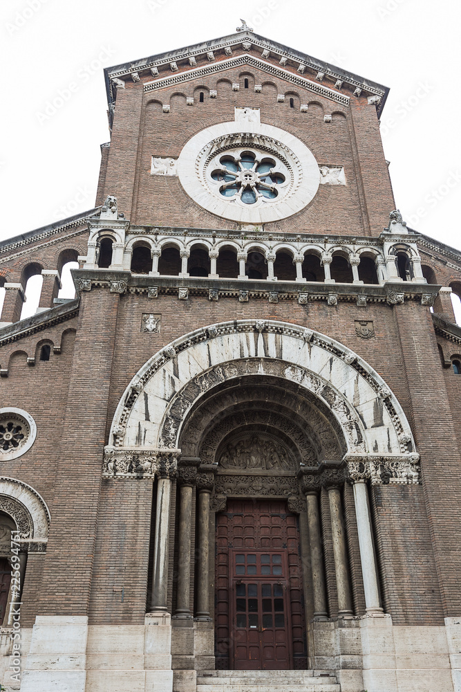 Facade of the Basilica St. Camillus de Lellis in the Neo-Gothic style in Rome, Italy