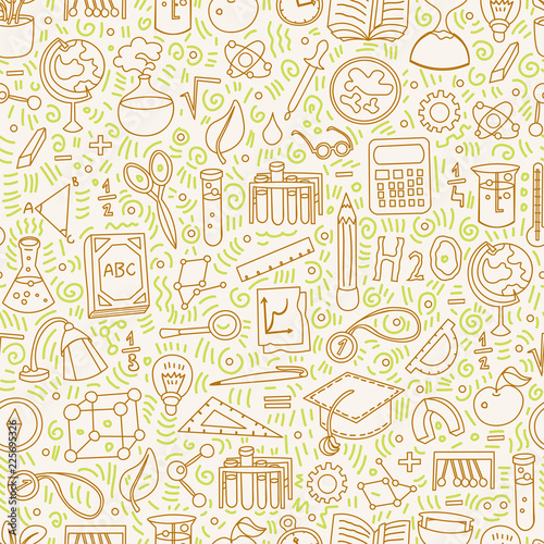 Back to school pattern with school elements and decorative details. Welcome back to school seamless background in hand draw style, cartooning elements and cute design for kids. Back to school pattern
