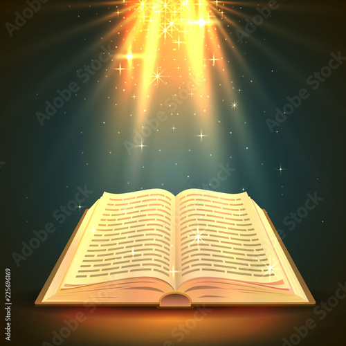 Open book with magical light, religion object. Vector illustration