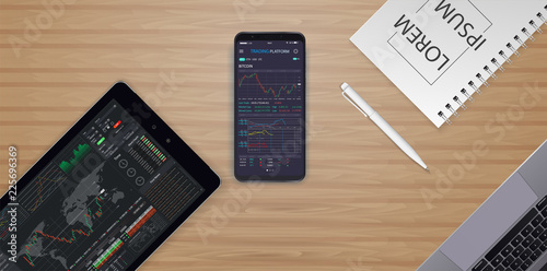 Vector White Wooden Working Table with Office Supplies Stuff and Digital Devices: Laptop Smartphone Computer. Online statistics and data Analytics.Digital money market, investment, finance and trading