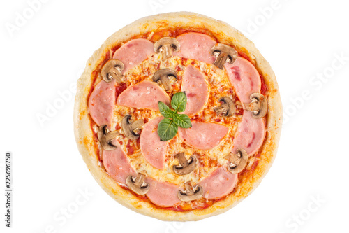 Pizza with ham and mushrooms on a white background. View from above.
