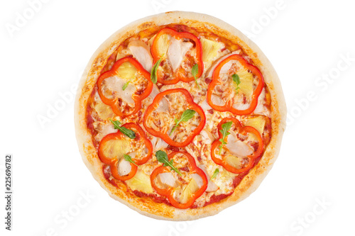 Hawaiian pizza with chicken and pineapples on a white background. View from above.