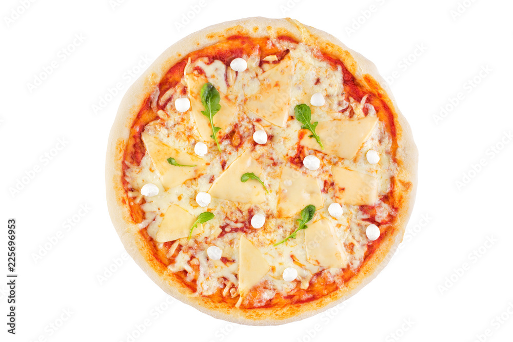Fotografia Cheese assorted pizza on a white background. View from above.