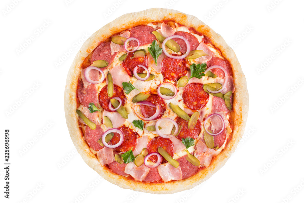 Fotografie Assorted meat pizza on a white background. View from above.