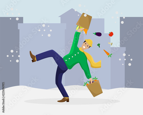 Vector flat illustration with a slipped man with shopping on ice. Winter season.