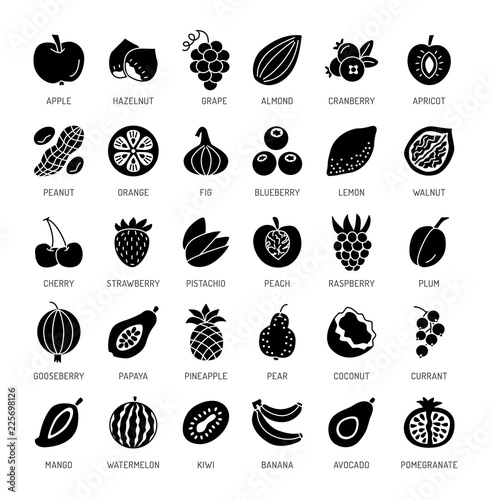 Fruits, berries & nuts. Vegan & vegetarian food. Healthy eating & loss weight diet ingredients. Vector flat icon collection. Isolated on white background.