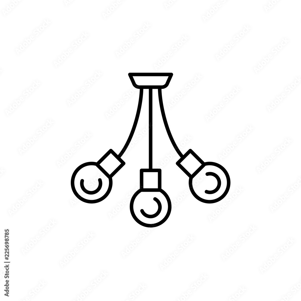 Vector illustration of modern ceiling lamp. Line icon of 3 bulb chandelier. Loft & office lighting. Isolated on white background. Vector illustration of modern ceiling lamp. Line icon of 3 bulb chandelier. Loft & office lighting. Isolated on white background.