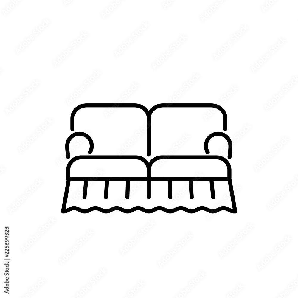 Black & white vector illustration of english sofa. Classic loveseat. Line icon of settee. Modern home & office furniture. Isolated on white background Black & white vector illustration of english sofa. Classic loveseat. Line icon of settee. Modern home & office furniture. Isolated on white background