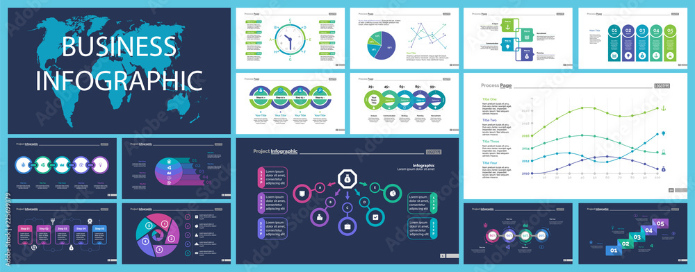 Business inforgraphic design set for management concept. Can be used for business project, annual report, web design. Process chart, option chart, scatter plot, pie chart, flowchart, donut diagram - obrazy, fototapety, plakaty 