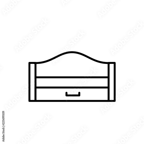 Black & white vector illustration of wooden pull-out sleeper. Modern sofa with bed. Line icon of settee with headboard. Isolated on white background
