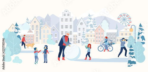 People spend holidays outdoors in city park. Winter urban poster.
