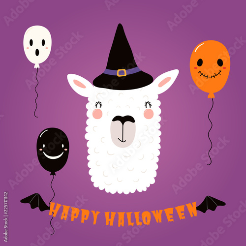 Hand drawn vector illustration of a cute funny llama in a witch hat, with balloons, text Happy Halloween. Isolated objects. Scandinavian style flat design. Concept for children print, party invitation