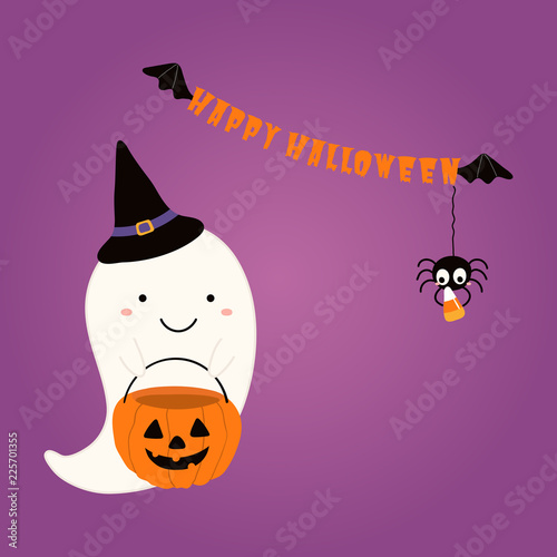 Hand drawn vector illustration of a cute funnny ghost in a witch hat, with candy bag, text Happy Halloween. Isolated objects. Scandinavian style flat design. Concept children print, party invitation.