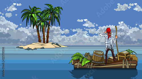 cartoon man swims on a boat with treasures by the sea past the island