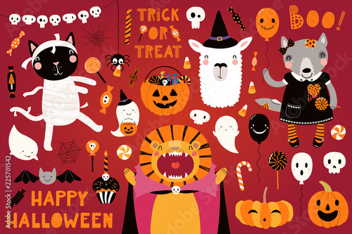 Big Halloween set with cute animals lion, cat, llama, wolf in costumes, ghosts, pumpkin, candy. Isolated objects. Hand drawn vector illustration. Scandinavian style flat design. Concept for kids party