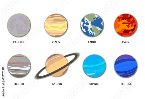 Vector Solar System 8 Planets, Flat Cartoon Objects with Shadows Isolated.
