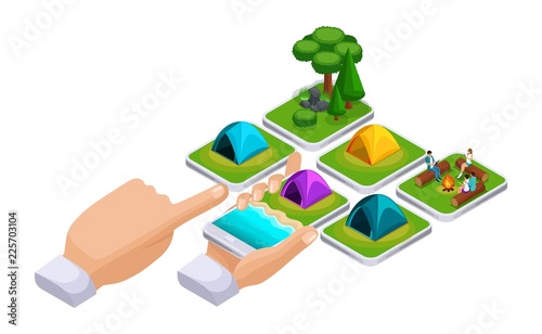 Isometric concept online shopping using a smartphone picnic tent, preparing for a holiday with friends at the camping site