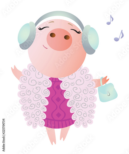 Aries. Zodiac symbol.. A pig in furs listening to music and dancing. Chinese horoscope symbol 2019. Isolated on transparent background. Excellent for the design of postcards  posters  stickers etc.