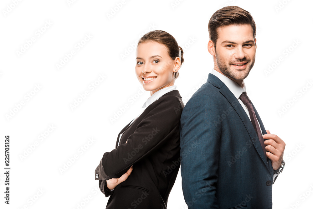 happy young business partners leaning back to back and looking at camera isolated on white happy young business partners leaning back to back and looking at camera isolated on white