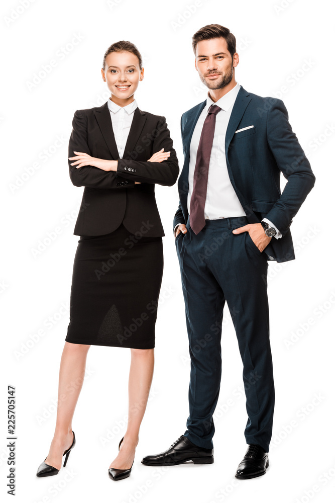 attractive young business partners in stylish suits looking at camera isolated on white attractive young business partners in stylish suits looking at camera isolated on white