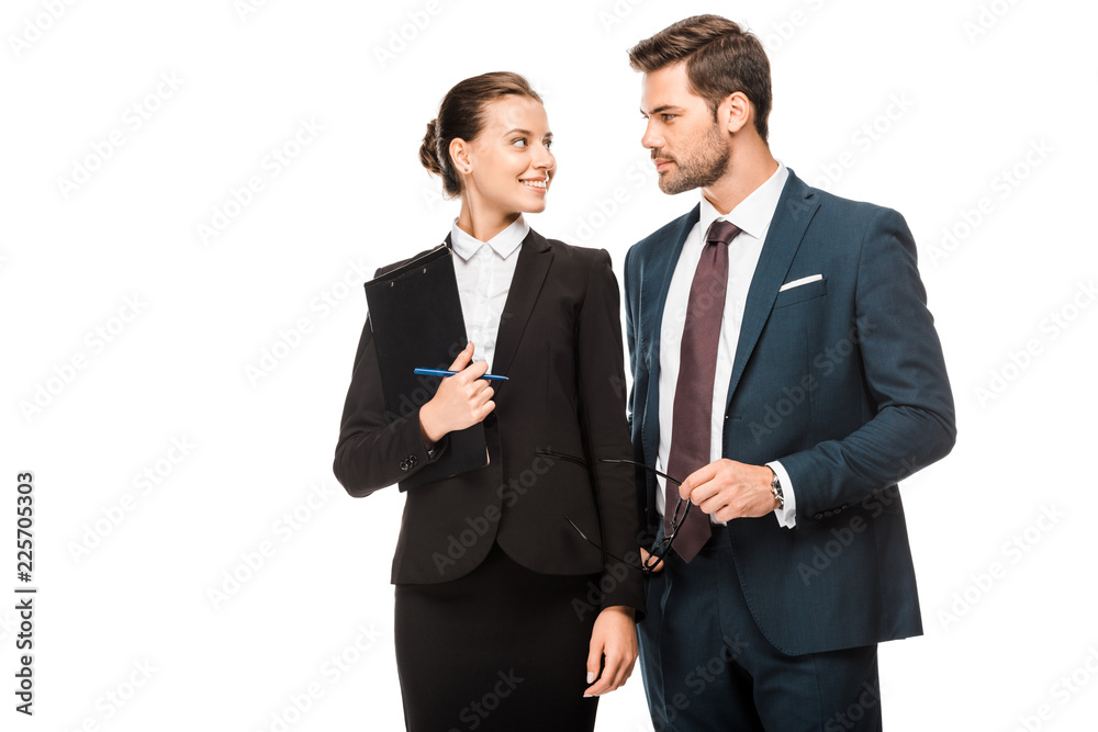 attractive young business partners flirting isolated on white attractive young business partners flirting isolated on white