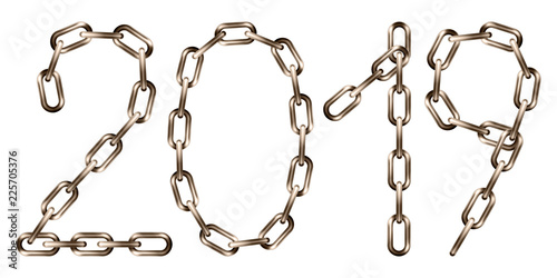Vector 2019 inscription made from brown metal chain, isolated on white