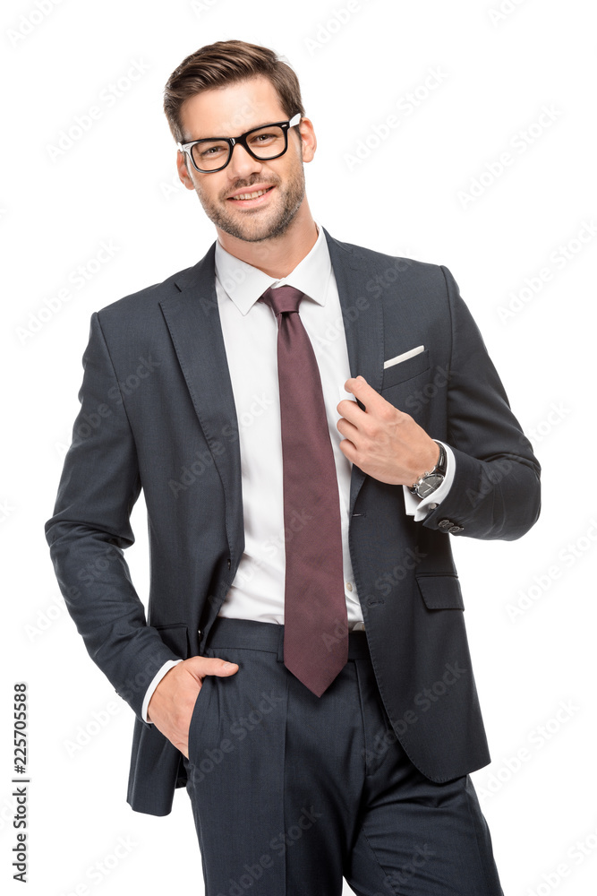 cheerful handsome young businessman in jacket and eyeglasses isolated on white cheerful handsome young businessman in jacket and eyeglasses isolated on white