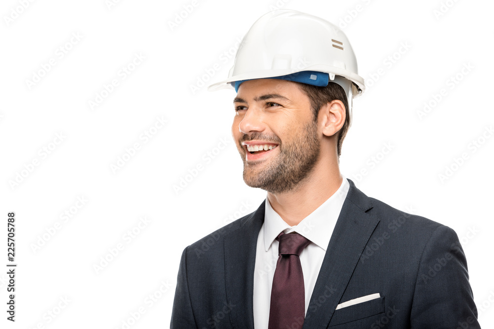 portrait of smiling young male architect looking away isolated on white portrait of smiling young male architect looking away isolated on white