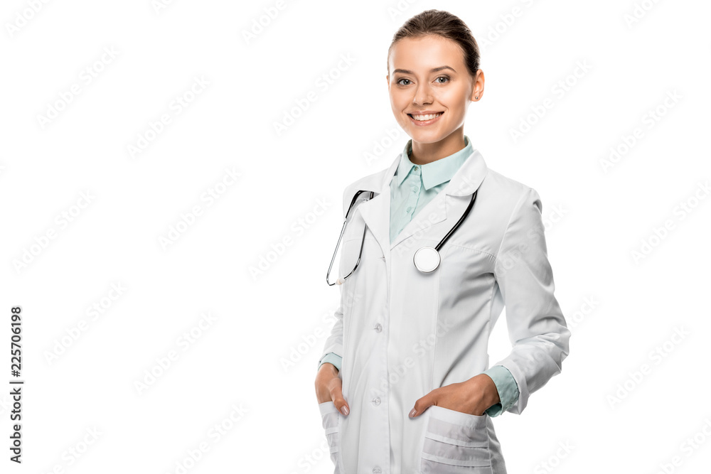 cheerful young female doctor with stethoscope over neck looking at camera isolated on white cheerful young female doctor with stethoscope over neck looking at camera isolated on white