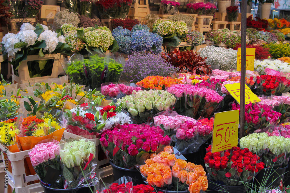 Outdoor market selling different colorful flowers in Stockholm, Sweden