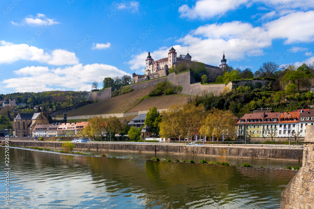 View from the bridge to the River Main and the Marienburg Fortress in the city of Würzburg