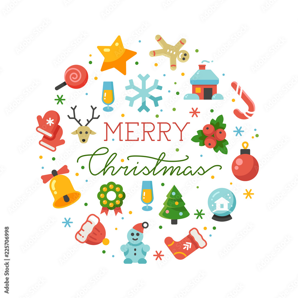 Merry Christmas round banner vector template with flat icons isolated on white background illustration