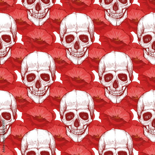 Human skull sketch and red poppy flowers seamless pattern illustration background
