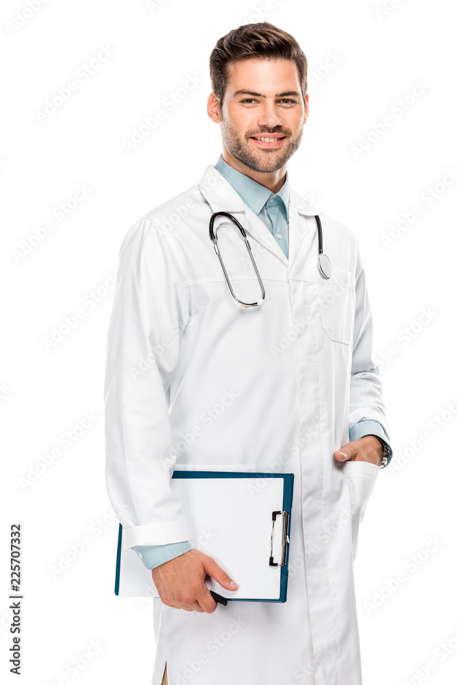 cheerful young male doctor with stethoscope over neck holding clipboard isolated on white cheerful young male doctor with stethoscope over neck holding clipboard isolated on white