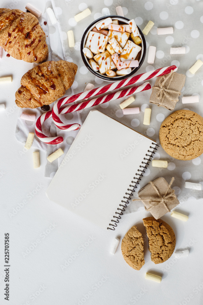 Winter Flat Lay . Hot chocolate or cocoa with marshmallow , cookies, notebook with on white background. Winter Flat Lay . Hot chocolate or cocoa with marshmallow , cookies, notebook with on white background.
