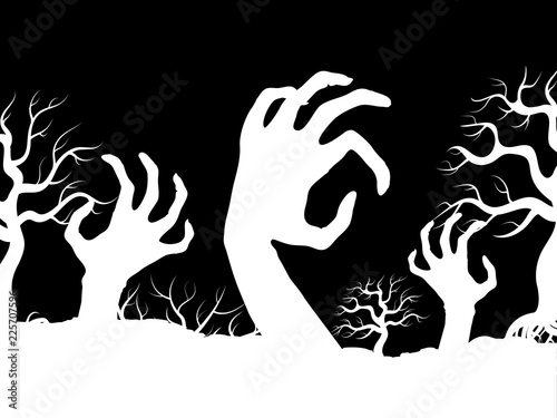 White horror zombi hands and tree silhouettes vector banner design illustration
