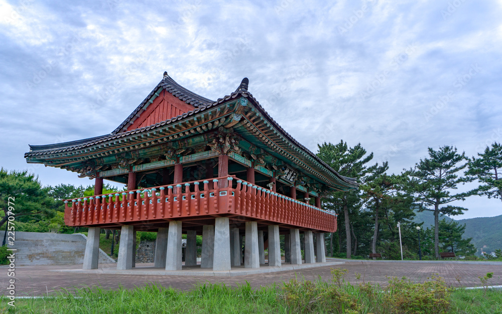 Traditional Korean style pavilion at Okpo great vitory commemoative park  on Geoje island, Gyeongsangnam-do, South Korea.