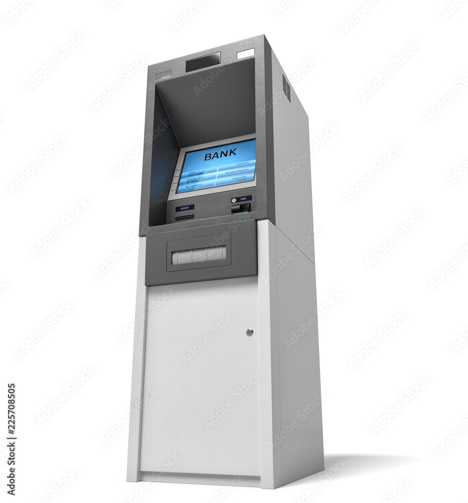 3d rendering of an isolated bank ATM machine with a lit blue screen on white background. 3d rendering of an isolated bank ATM machine with a lit blue screen on white background.