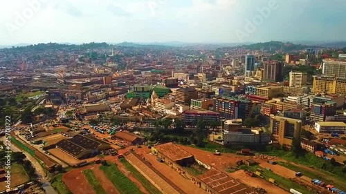 Beautiful sunny side angled aerial of Kampala Uganda