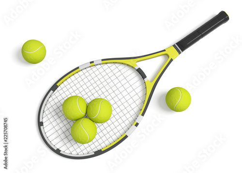 3d rendering a single tennis racquet lying with a yellow balls on white background. © gearstd