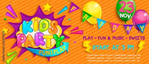Wide Super Banner for kids party in cartoon style.