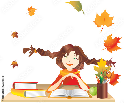 A dreaming schoolgirl in front of books.