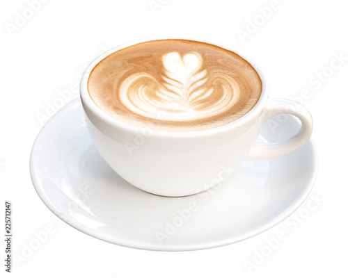 Hot coffee cappuccino latte art with spoon isolated on white background, clipping path included