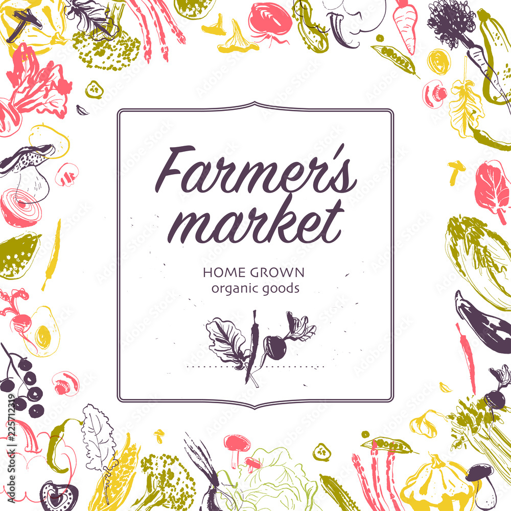 Vector farmers market banner with frame - hand drawn sketch raw ...