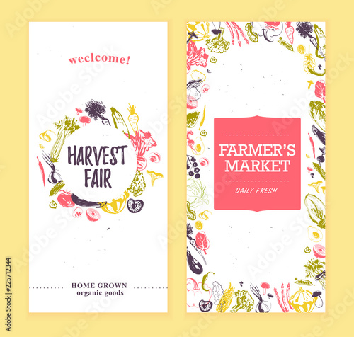 haVector farmers market banners template with frame & round label. Hand drawn sketch raw vegetables. Good for farmers market & food fair posters, flayers, advertisements, menu, packaging, price tags
