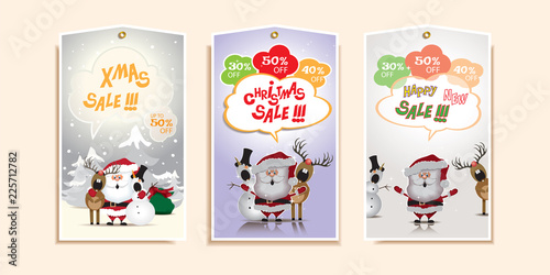 Collection of Christmas and New Year cartoon sale tags with Santa Claus,snowman and reindeer.Set of 3 printable hand drawn holiday special offer coupon.