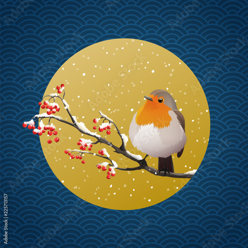 Red robin perched on branch with red berries. Winter season with falling snow. Vector illustration of japanese inspiration. Isolated on golden circle and blue patterned background.