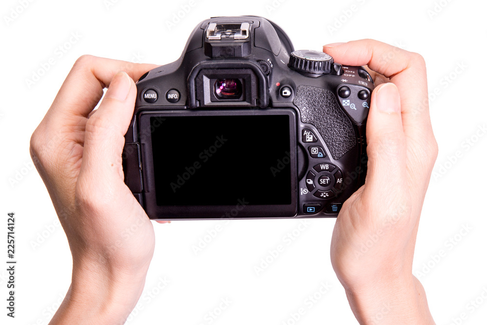 Hands holding the camera on white background,include clipping path Hands holding the camera on white background,include clipping path