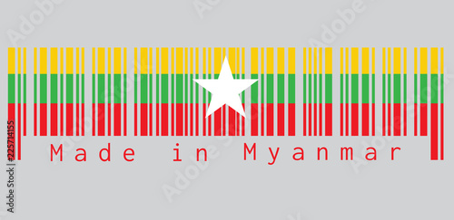 Barcode set the color of Myanmarese flag, red green and yellow color and white star. text: Made in Myanmar. concept of sale or business.